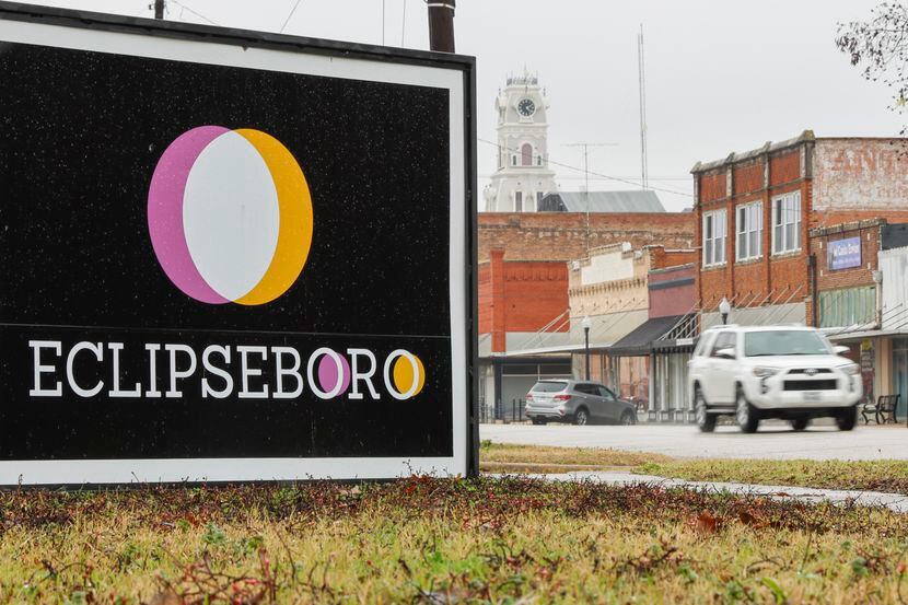 An “Eclipseboro” sign is seen near the square, Tuesday, Jan. 23, 2024, in Hillsboro, Texas....