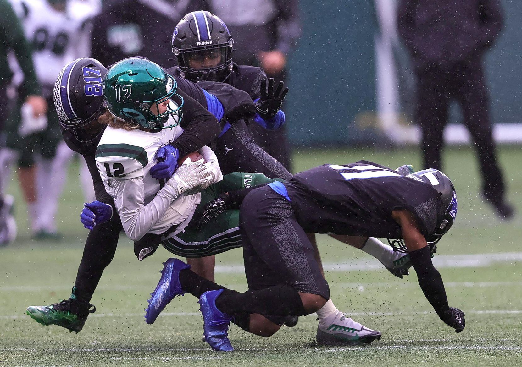 Prosper wide receiver Caden Pevehouse comes up with a reception against North Crowley during...