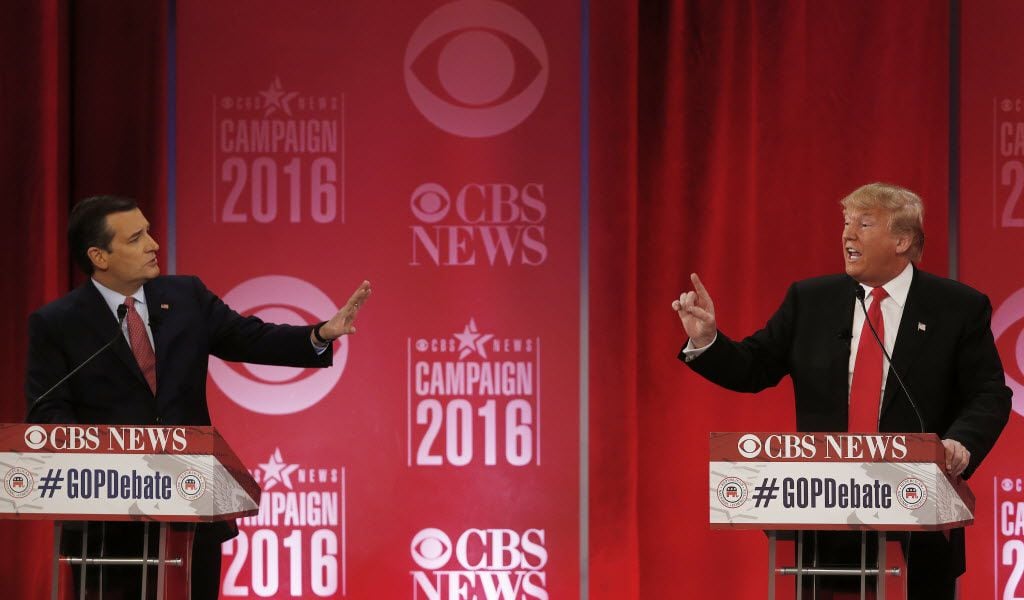 Ted Cruz and Donald Trump sparred during a GOP debate in February in Greenville, S.C.  (File...