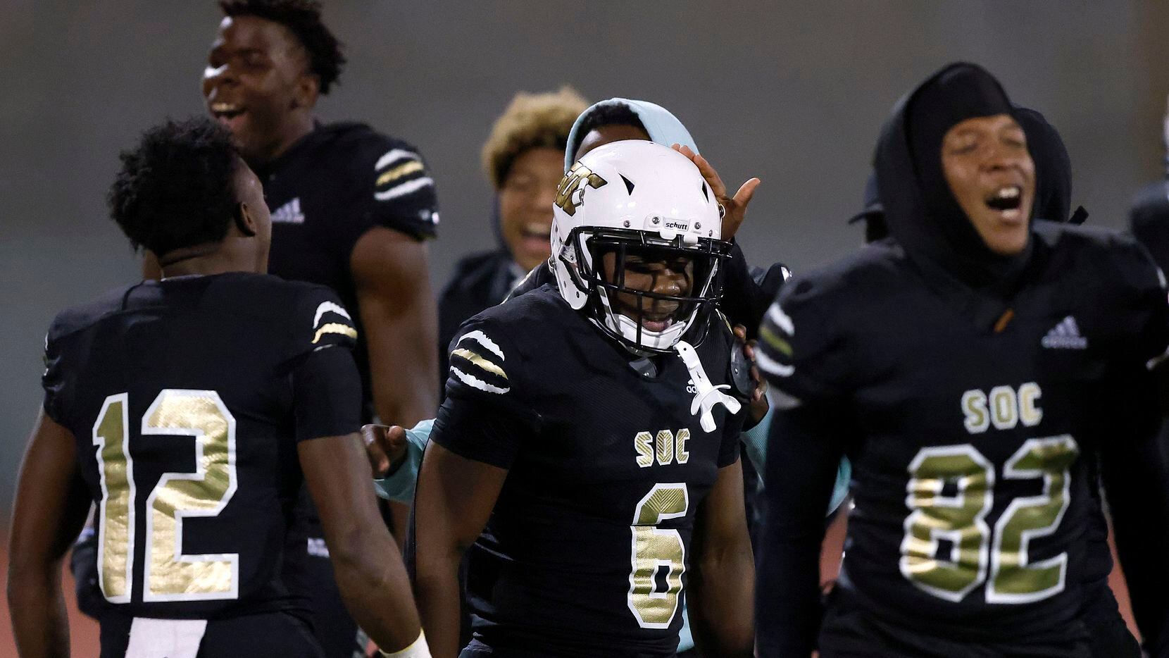South Oak Cliff defensive back Adul Mohammed (6) celebrates his fumble recovery and...
