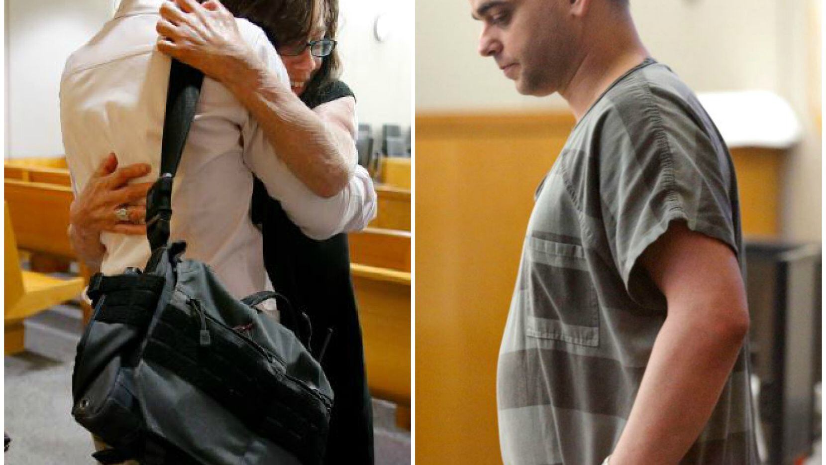 Danyeil Townzen (left), at the sentencing hearing for her ex-boyfriend, Matthew Gerth (right). Gerth was sentenced to life in prison Sept. 13 for setting Townzen on fire outside a Dallas apartment in 2018.