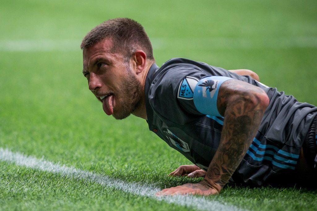 Minnesota United's Francisco Calvo reacts after drawing a penalty kick during the second half of an MLS soccer match against the Vancouver Whitecaps on Saturday, March 2, 2019, in Vancouver, British Columbia. (Ben Nelms/The Canadian Press via AP)