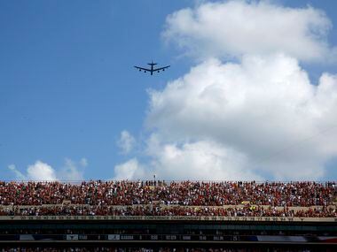 Following the national anthem, a B-52 aircraft out of Barksdale Air Force Base flies down...