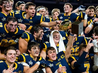 Highland Park football players celebrate a 63-28 win over Magnolia in a Class 5A Division I area-round playoff game on Thursday, November 21, 2019 at AT&T Stadium in Arlington. (Ashley Landis/The Dallas Morning News)