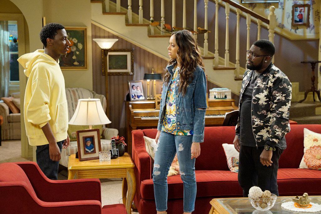 (From left) Jerrod Carmichael stars as himself, Amber Stevens West as Maxine and Lil Rel...