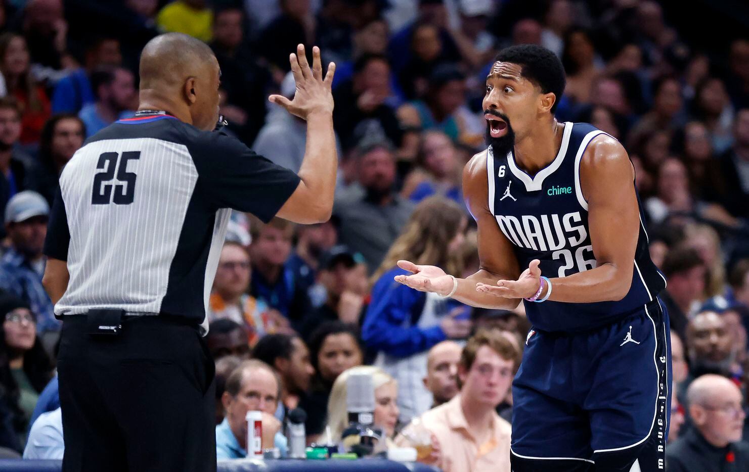 Dallas Mavericks guard Spencer Dinwiddie (26) receives a technical foul from referee Tony...