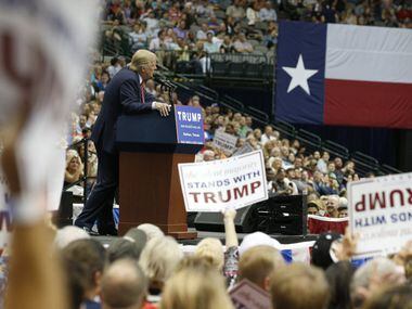 Republican presidential candidate Donald Trump speaks at American Airlines Center in Dallas,...