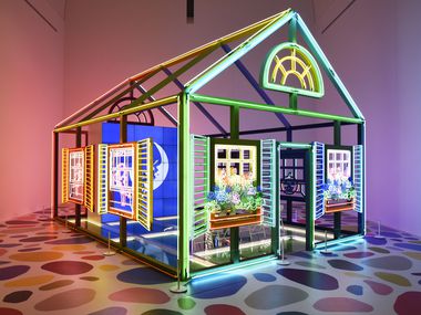 Alex Da Corte’s "Rubber Pencil Devil," a glowing, neon-lined house skeleton, is the single most jaw-dropping piece at the Dallas Museum of Art's "For a Dreamer of Houses" exhibition.