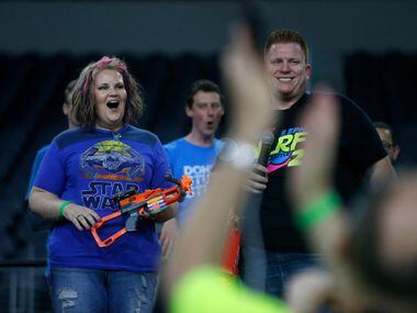 Chewbacca mom Candace Payne and Jared Guynes talk to the crowd before Jared's Epic Nerf...