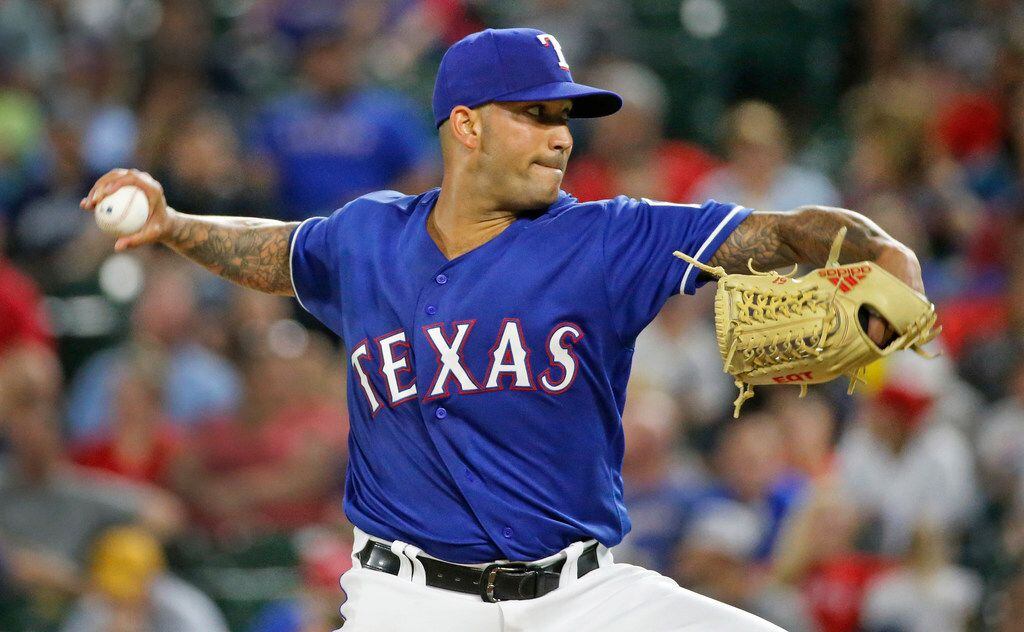 FILE - Texas Rangers pitcher Matt Bush is pictured during the New York Yankees vs. the Texas...