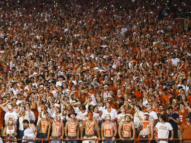 The Texas student section reacts during the fourth quarter of a college football game between the University of Texas and Louisiana State University on Saturday, Sept. 7, 2019 at Darrell Royal Memorial Stadium in Austin, Texas. (Ryan Michalesko/The Dallas Morning News)