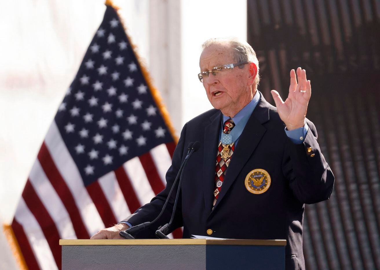 Medal of Honor recipient Maj. Gen. Patrick H. Brady speaks during the groundbreaking...