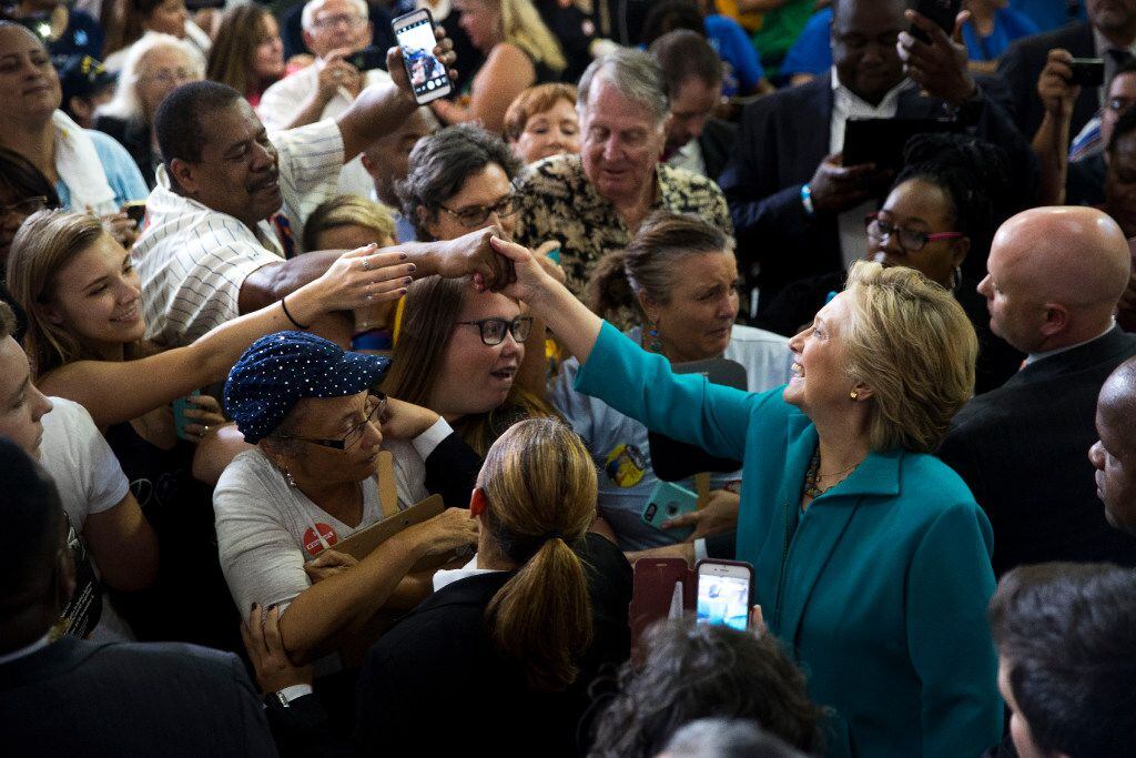 Hillary Clinton greets supporters at a campaign event Saturday at the Dickerson Community...