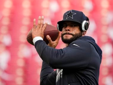 Dallas Cowboys quarterback Dak Prescott warms up before an NFL football game against the Tampa Bay Buccaneers at Raymond James Stadium on Thursday, Sept. 9, 2021, in Tampa, Fla.