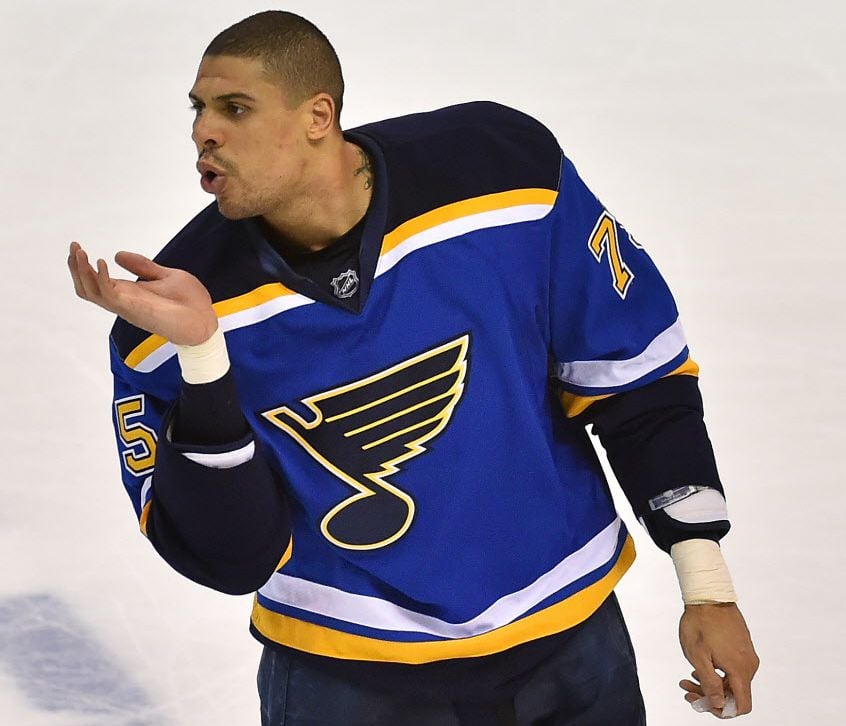May 3, 2016; St. Louis, MO, USA; St. Louis Blues right wing Ryan Reaves (75) gestures to the...