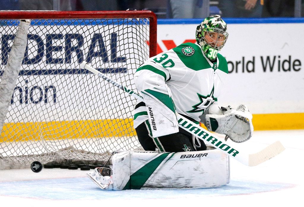 Dallas Stars goaltender Ben Bishop (30) takes shots during warmups before their game against the St. Louis Blues at the Enterprise Center in St. Louis, Tuesday, May 7, 2019. The teams were playing in the Western Conference Second Round Game 7 of the 2019 NHL Stanley Cup Playoffs. (Tom Fox/The Dallas Morning News)