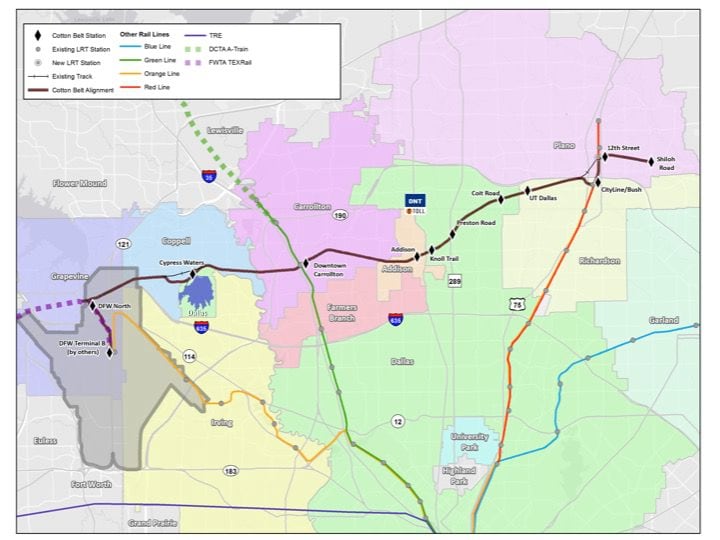 The Dallas Area Rapid Transit plan is for the city of Dallas (in green) to have four stops...