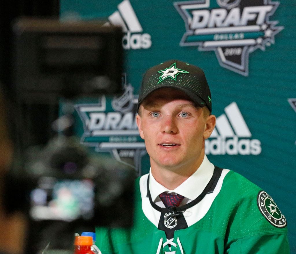 Dallas Stars first round draft pick Ty Dellandrea talks with the media after being selected...
