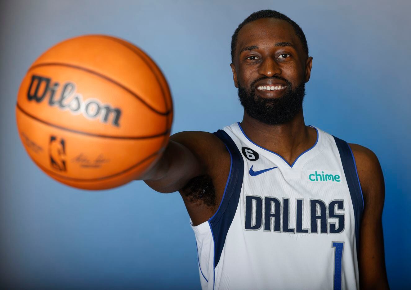 Dallas Mavericks’ Theo Pinson is photographed during the media day at American Airlines...