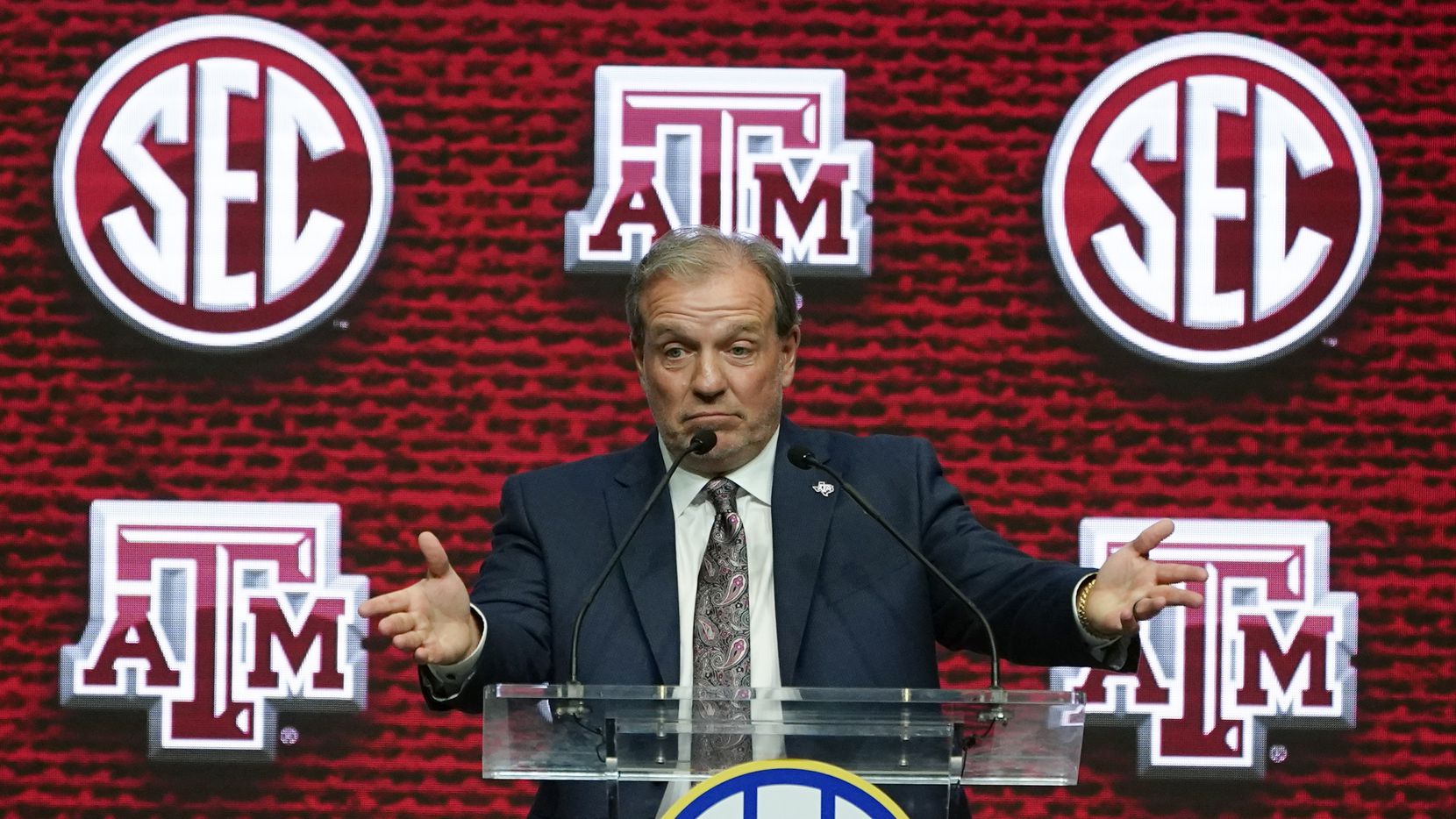 Texas A&M head coach Jimbo Fisher speaks during NCAA college football Southeastern...