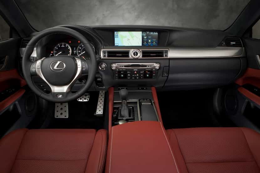 The interior of the  2015 Lexus GS 350 F-Sport has an upscale feel, beginning with a broad,...