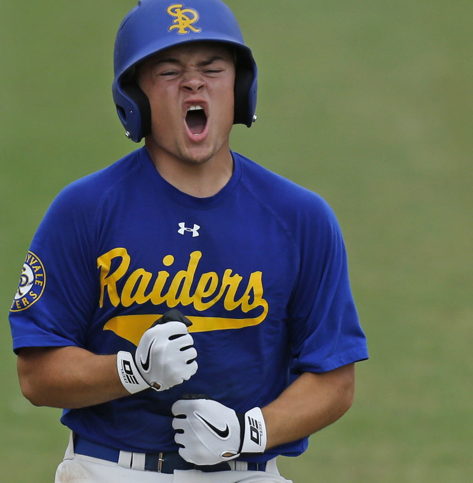 Sunnyvale's Joey Rosato (11) celebrates reaching first safely on an error in the third...