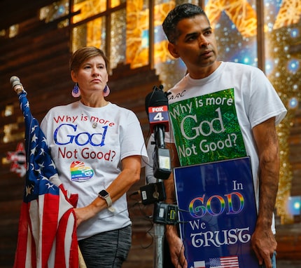 Laura Leeman (left) listens to Sravan Krishna (right) speak about their concern as parents...