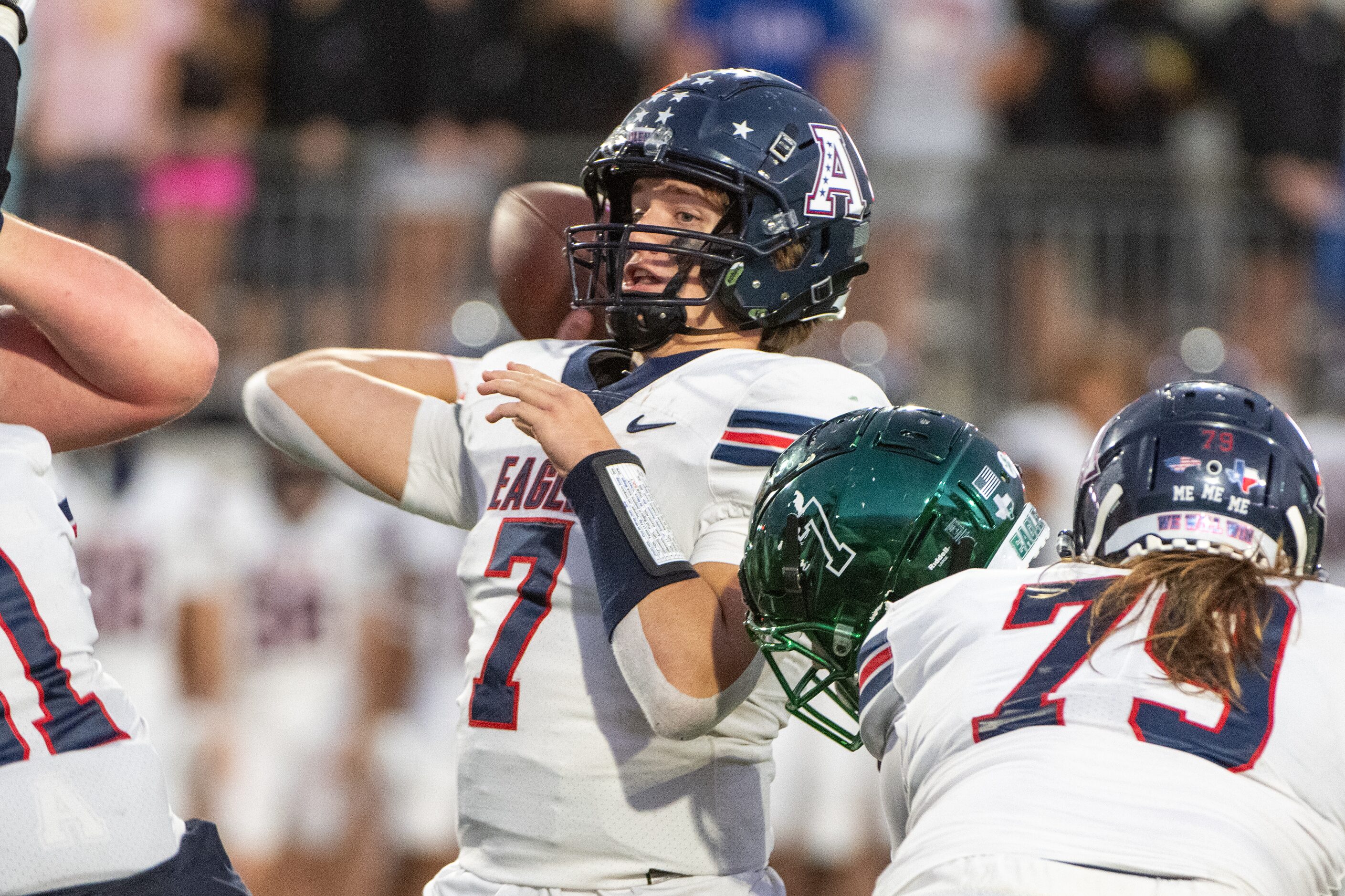 Allen quarterback Brady Bricker (7) passes in the second half during a high school football...