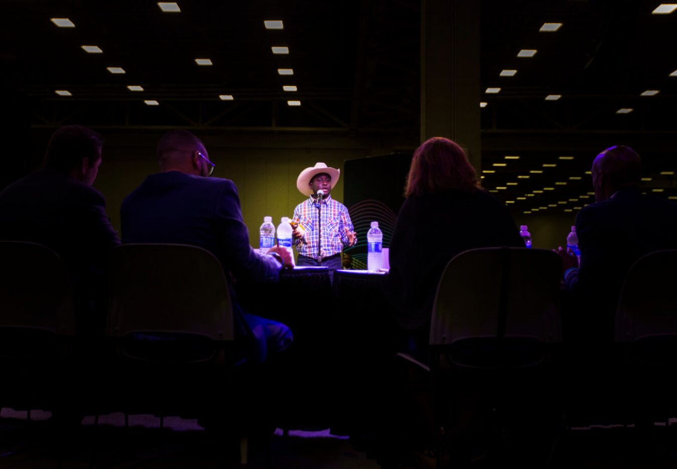 Jay'Den Stanton pitches his barbecue sauce to the judges during the MegaFutures contest at...