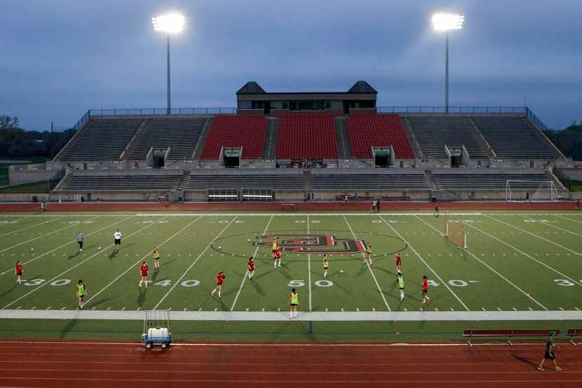 
The Coppell Cowgirls soccer team practices before school on Buddy Echols Field in Coppell.
