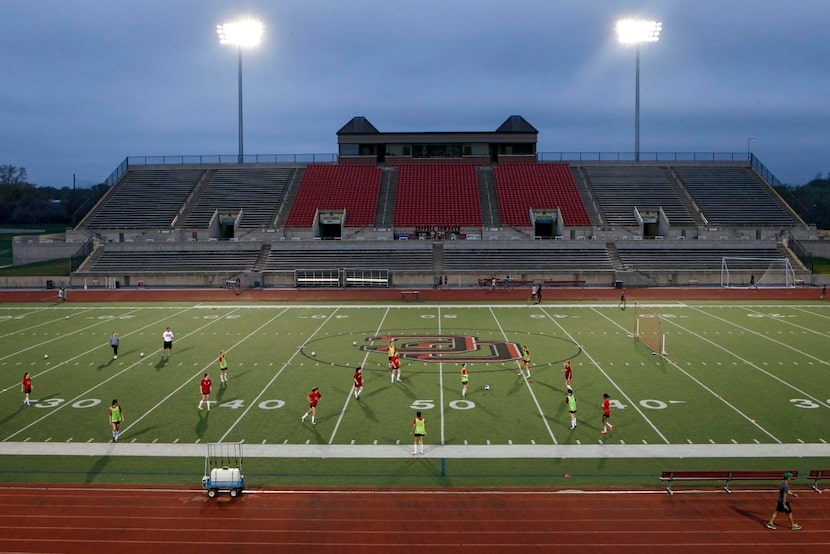 
The Coppell Cowgirls soccer team practices before school on Buddy Echols Field in Coppell.
