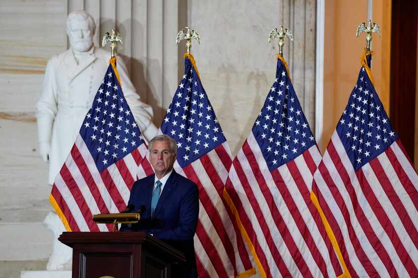 House Minority Leader Kevin McCarthy of Calif., speaks during a Congressional Gold Medal...