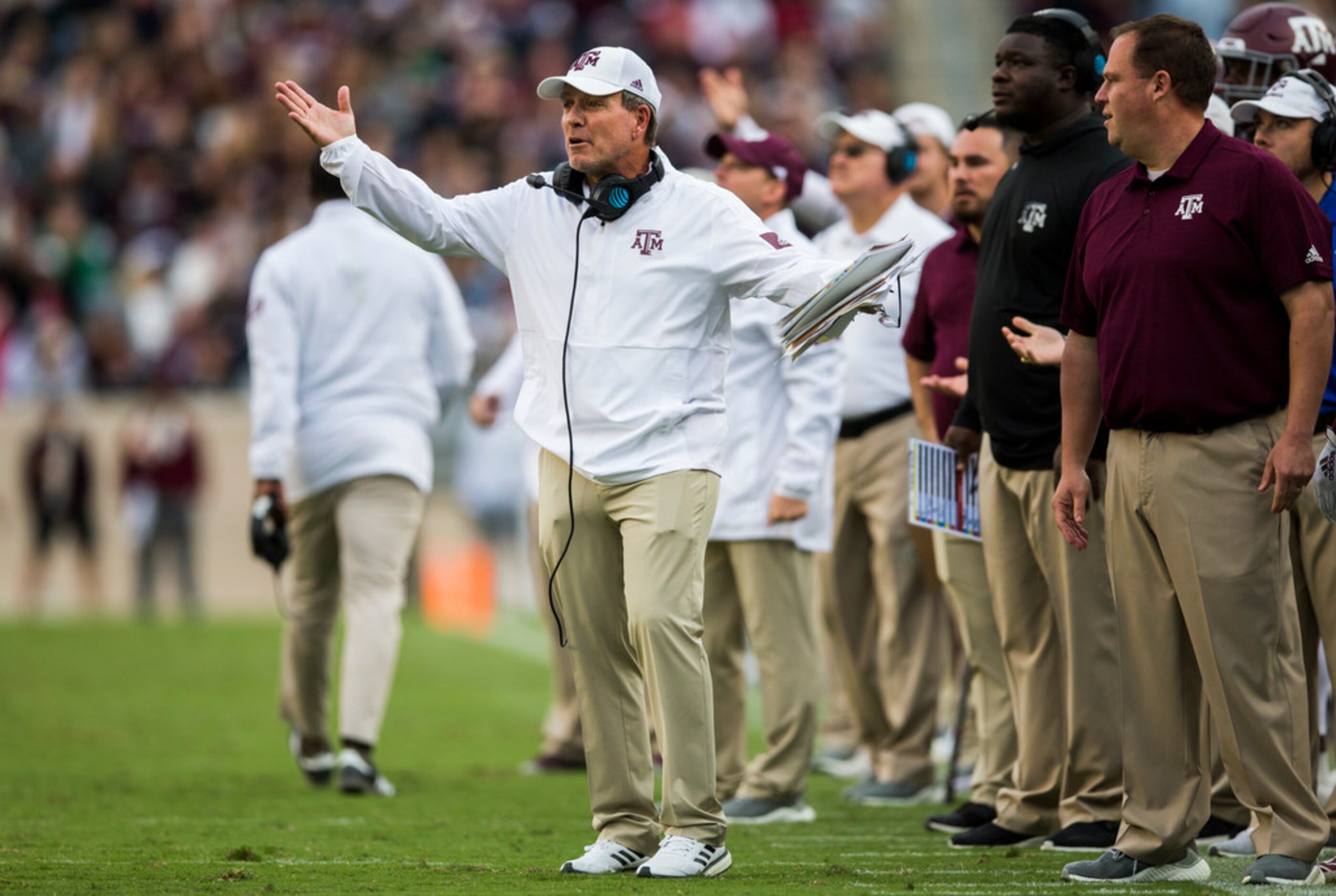 Texas A&M Aggies head coach Jimbo Fisher disputes an Alabama Crimson Tide touchdown during...