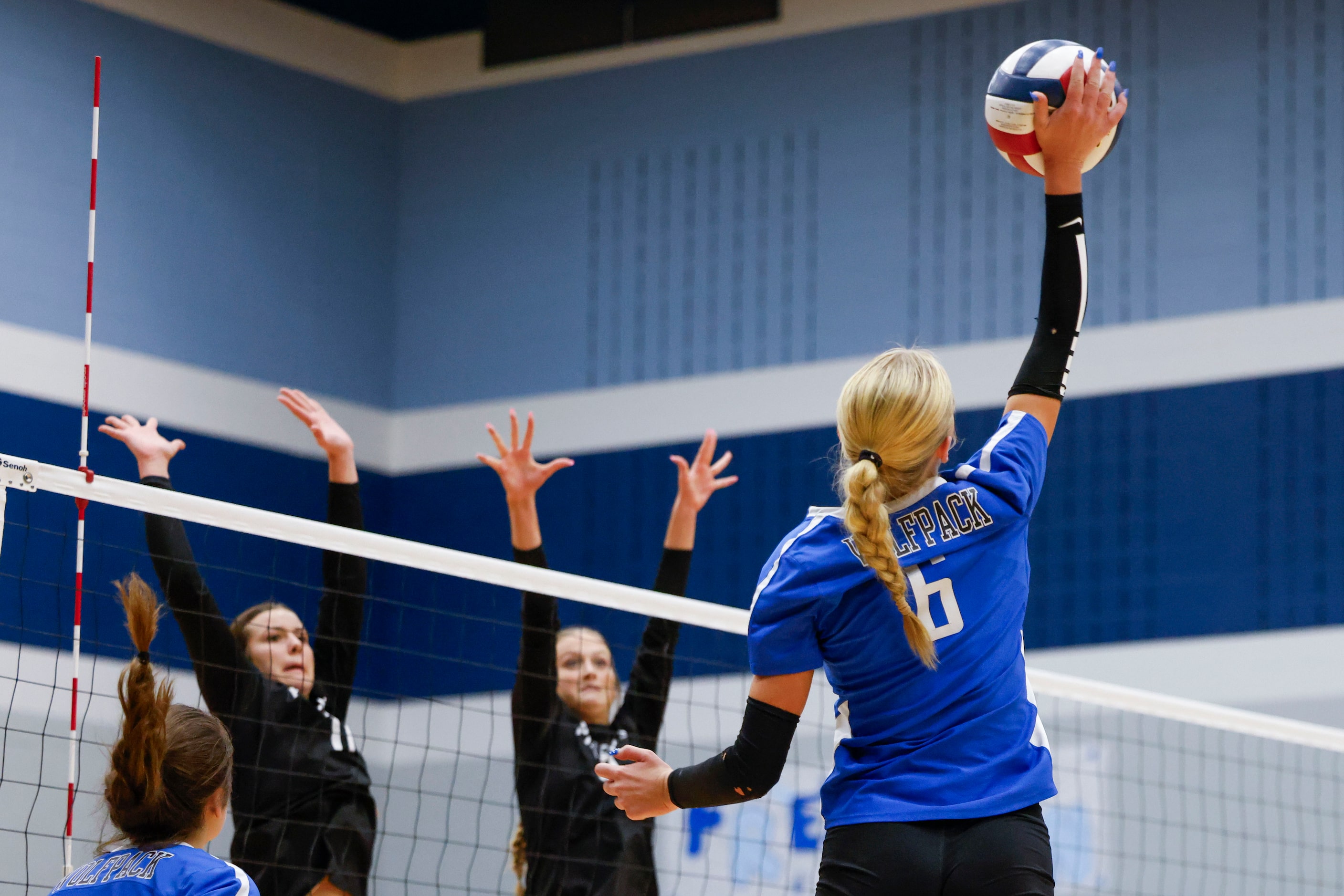 Plano West’s Blaire Bowers (6) spikes the ball against Prosper High during class 6A...