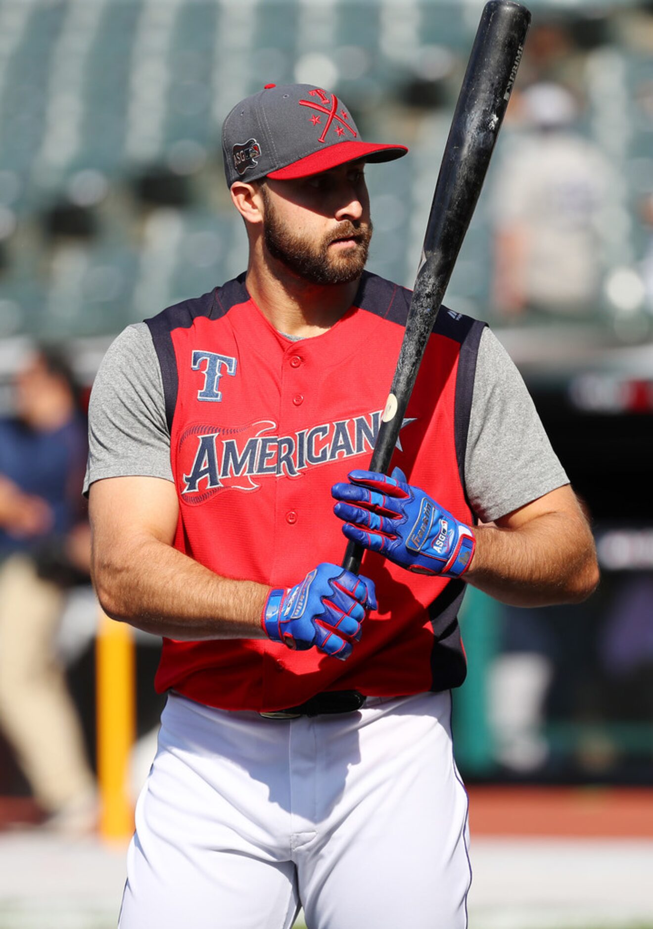 CLEVELAND, OHIO - JULY 09: Joey Gallo #13 of the Texas Rangers and the American League looks...