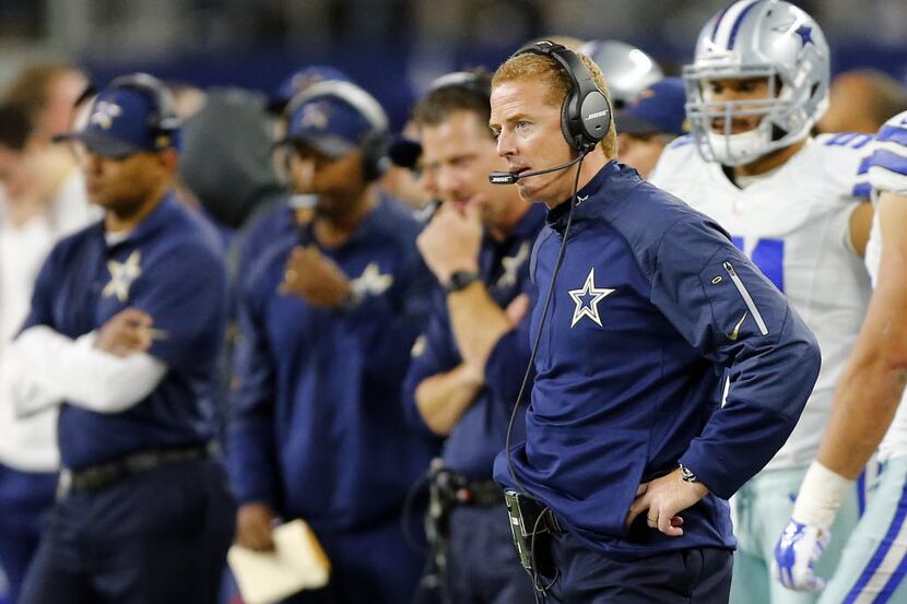 Dallas Cowboys head coach Jason Garrett shows his frustration on the sideline in the first...