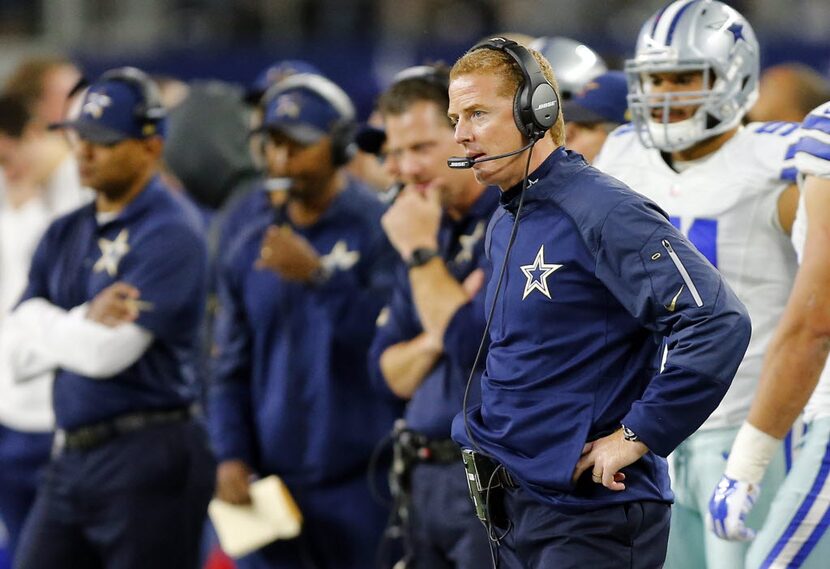 Dallas Cowboys head coach Jason Garrett shows his frustration on the sideline in the first...