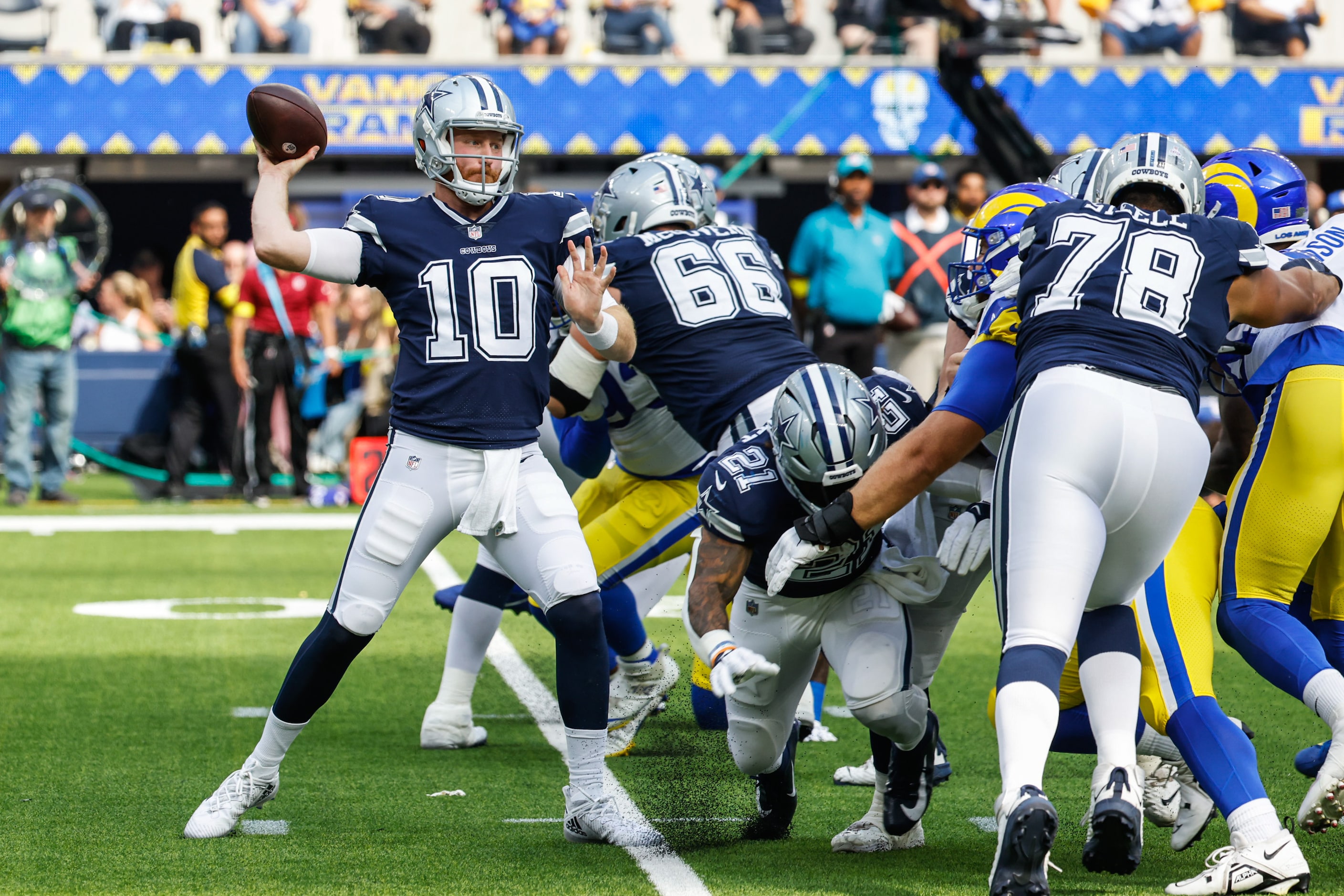 Dallas Cowboys quarterback Cooper Rush (10) throws a pass during the second quarter against...