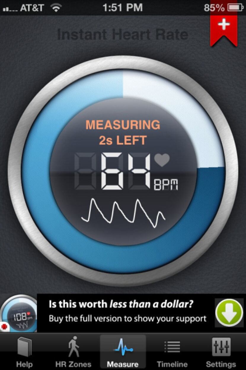 The Instant Heart Rate app for iPhone determines heart rate when you place a fingertip over...