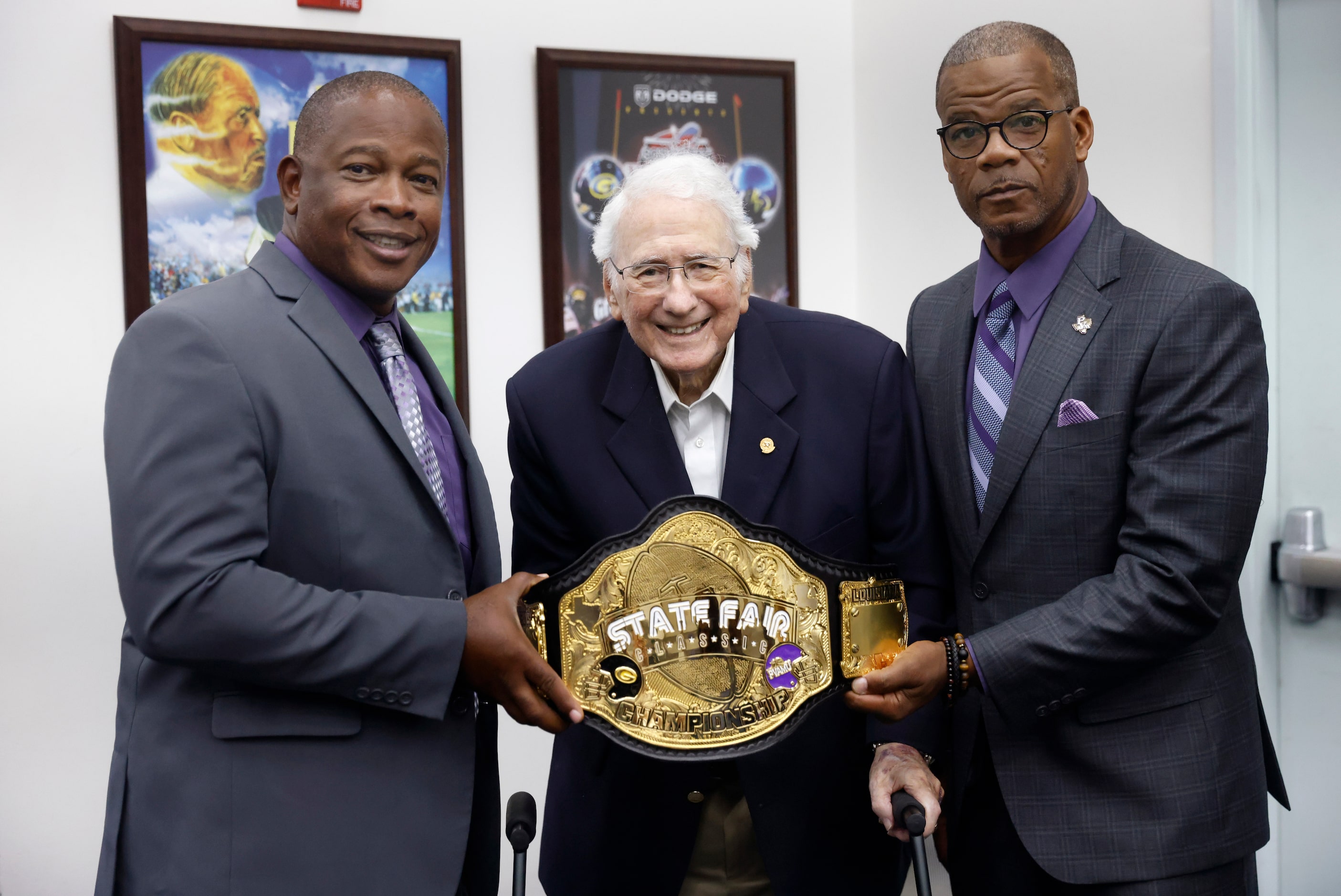 Prairie View A&M University head football coach Bubba McDowell (left), Grambling State...