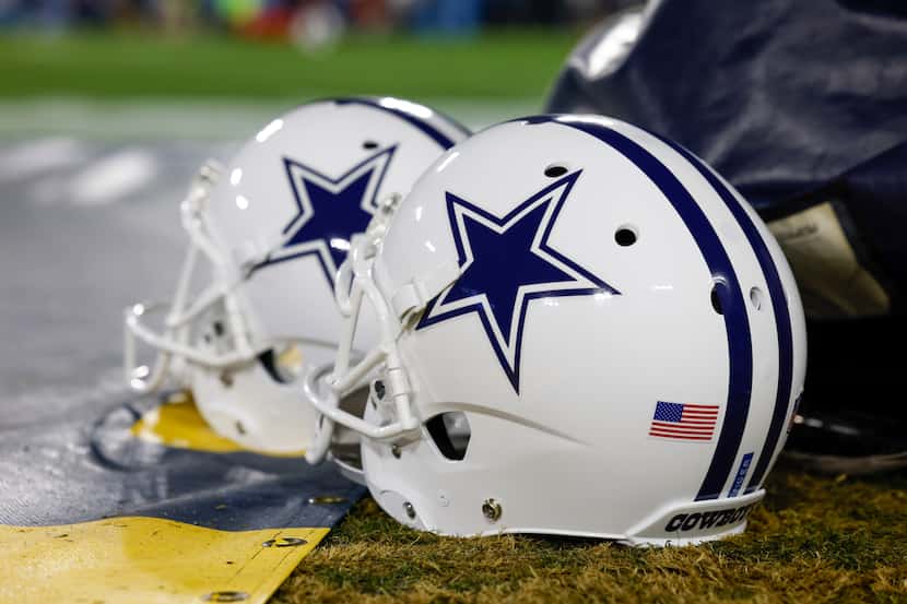 The Dallas Cowboys new Color Rush helmet sits on the sideline before an NFL game against the...