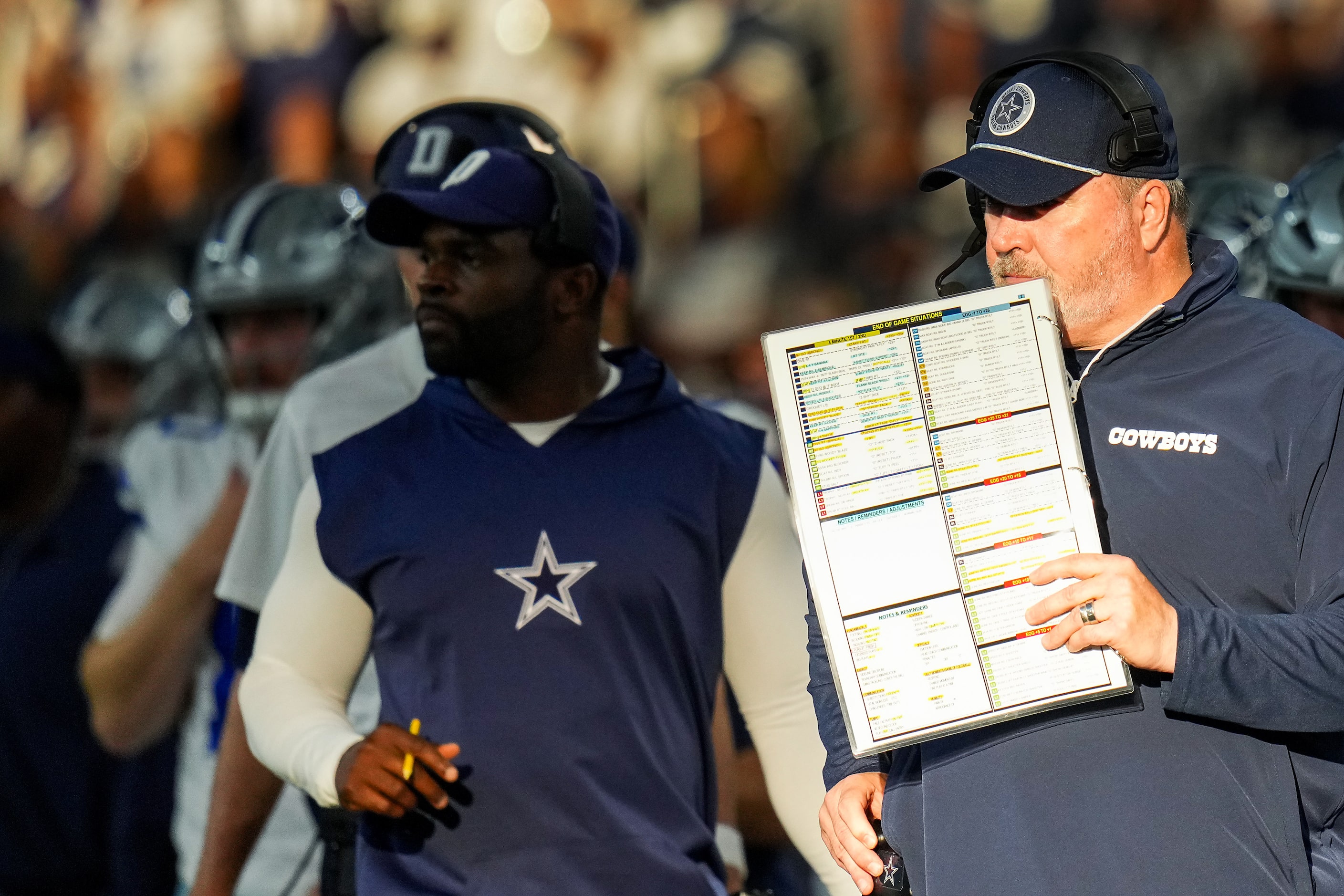 Dallas Cowboys head coach Mike McCarthy works on the sidelines during the second half an NFL...