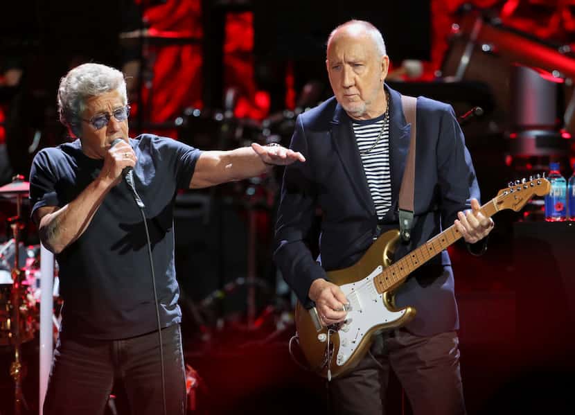 In this Wednesday, Sept. 18, 2019 photo, Roger Daltrey and Pete Townshend of The Who perform...