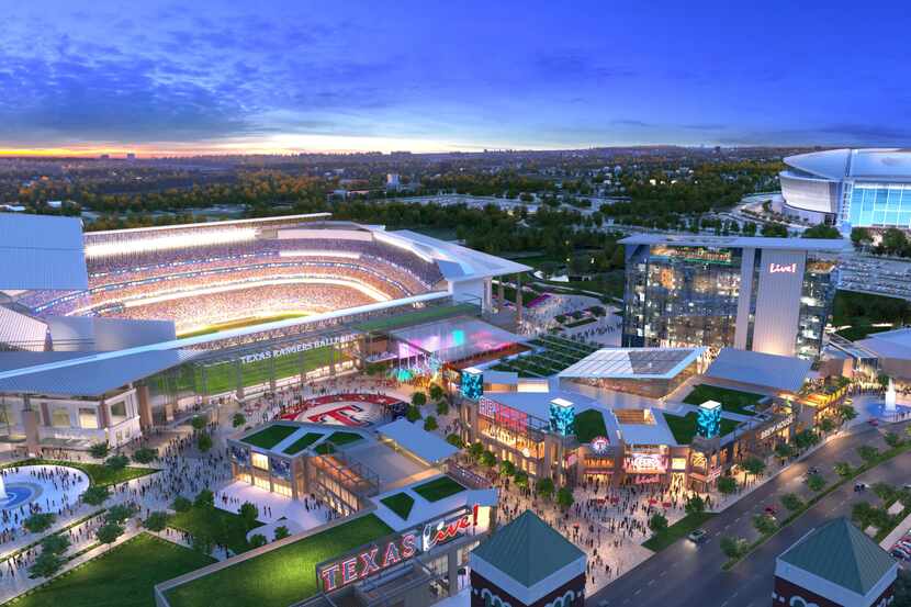 Populous provided sketches for a proposed new stadium and Texas Live! entertainment complex,...