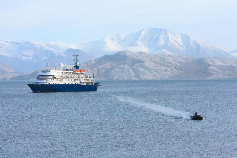 Launched from the Sea Spirit expedition ship, a zodiac heads for a remote shore landing in...