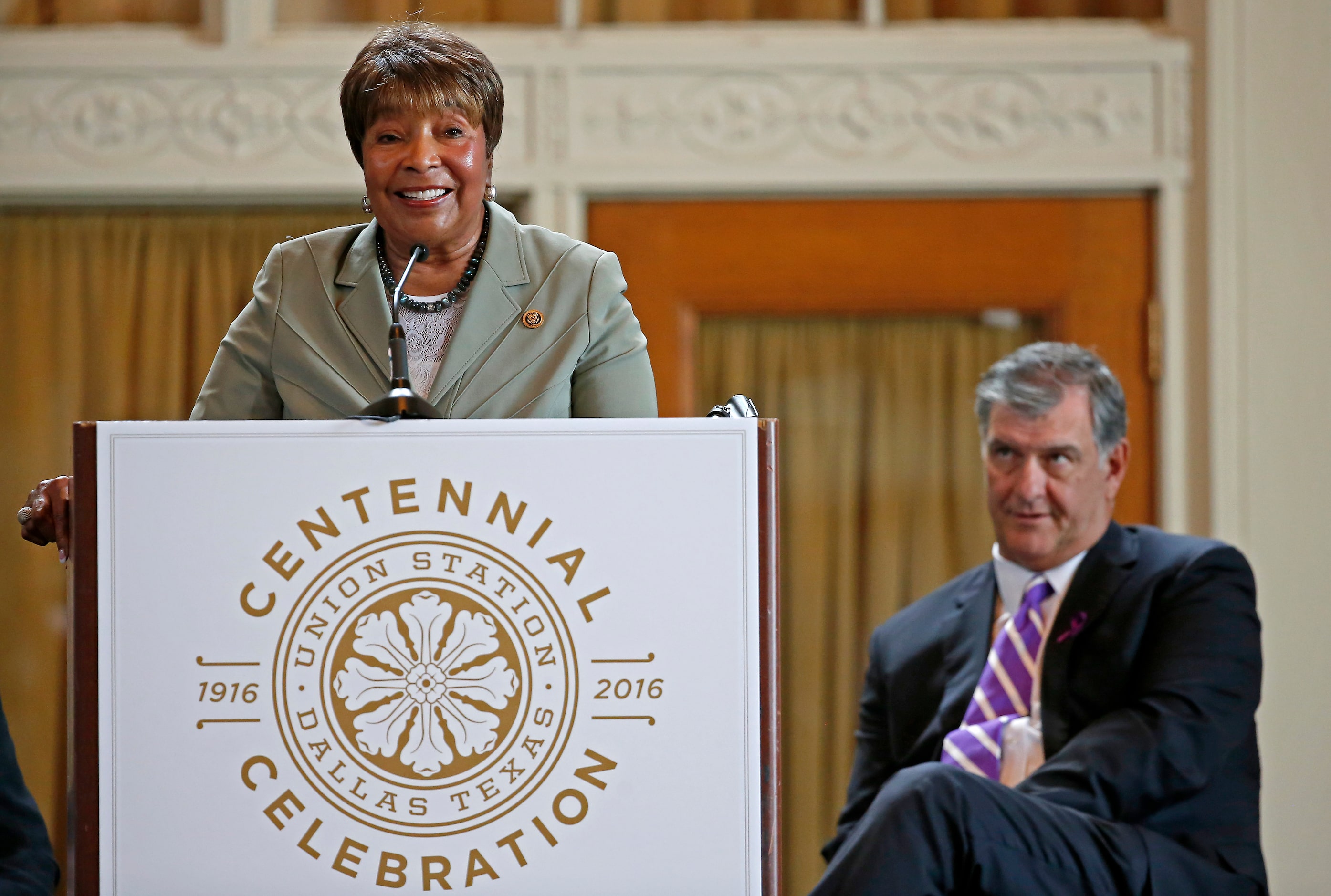 Congresswoman Eddie Bernice Johnson speaks next to Mayor Mike Rawlings during the Union...