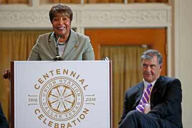 Eddie Bernice Johnson speaking next to former Mayor Mike Rawlings during the Union Station...