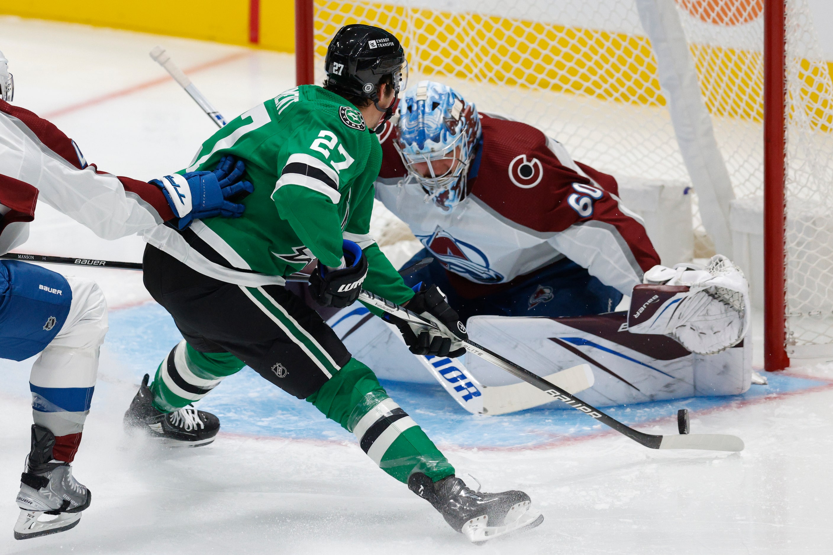 Dallas Stars left wing Mason Marchment (27) fires a shot towards Colorado Avalanche...