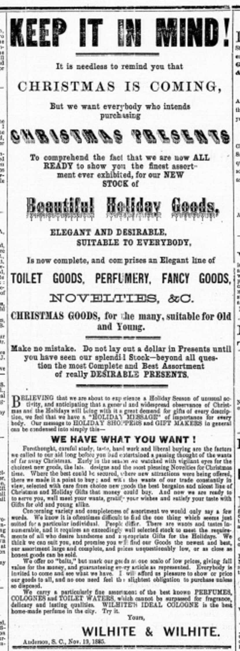An 1885 South Carolina ad for early shopping was novel enough to warrant explanation.