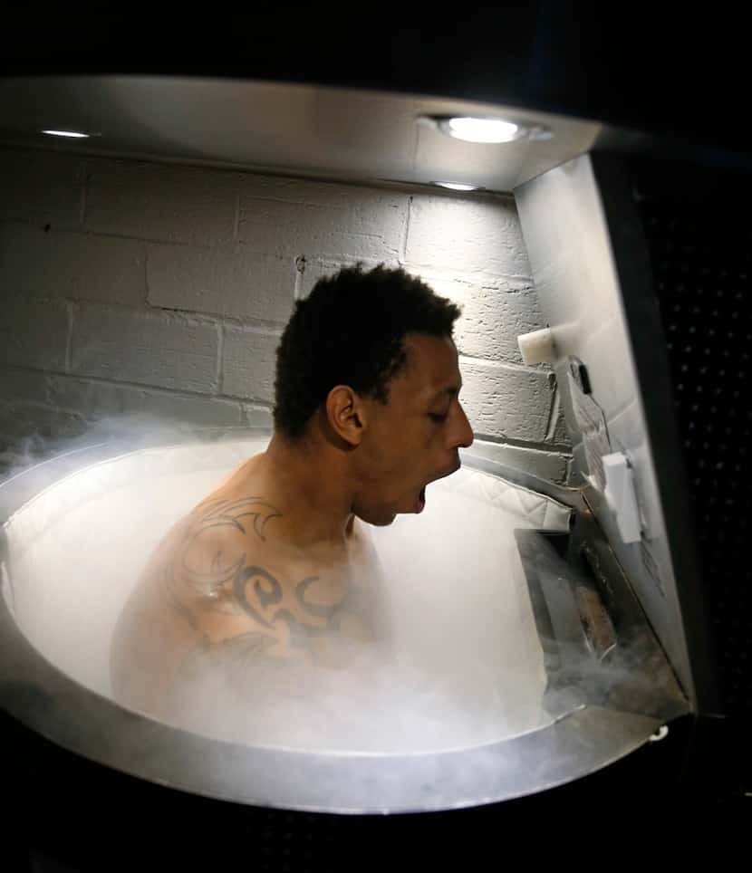 Greg Hardy stands in a cryotherapy chamber at Mohler Recovery in Dallas to relieve the...